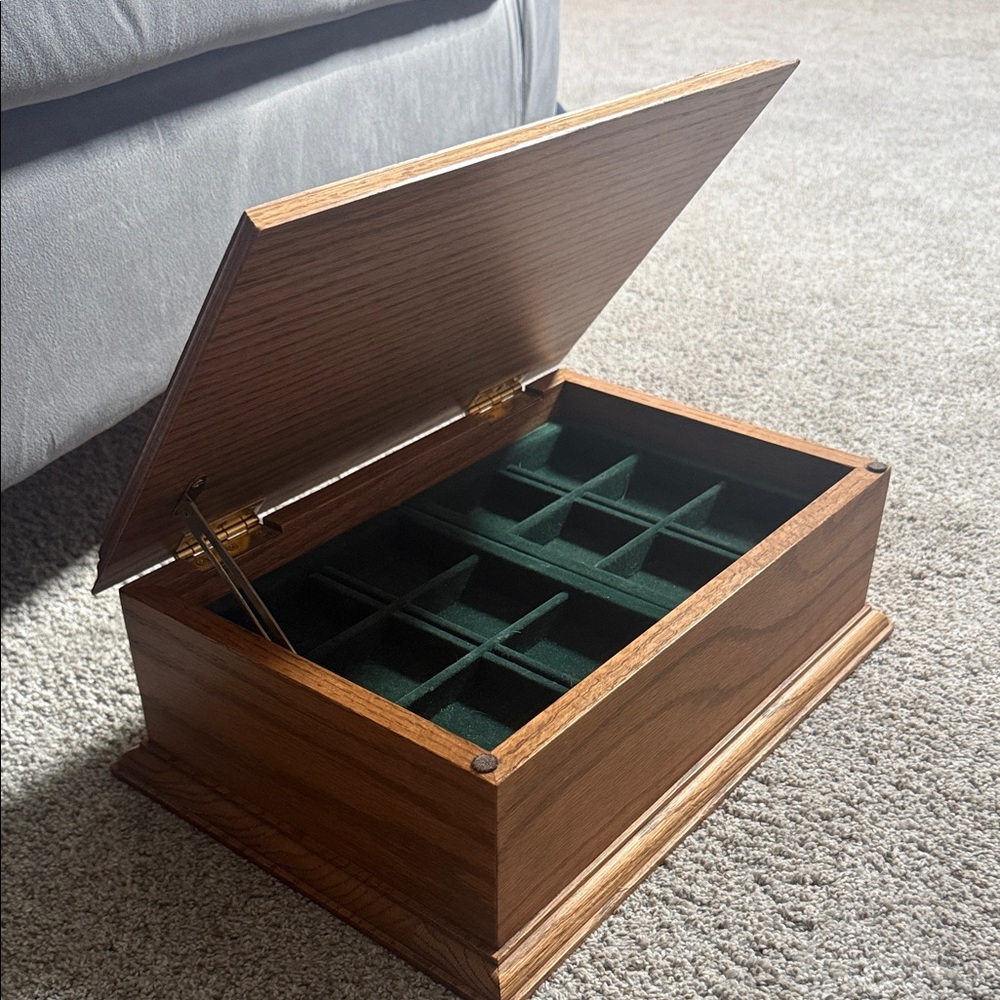 Elegant Wooden Jewelry Box with Green Velvet Interior